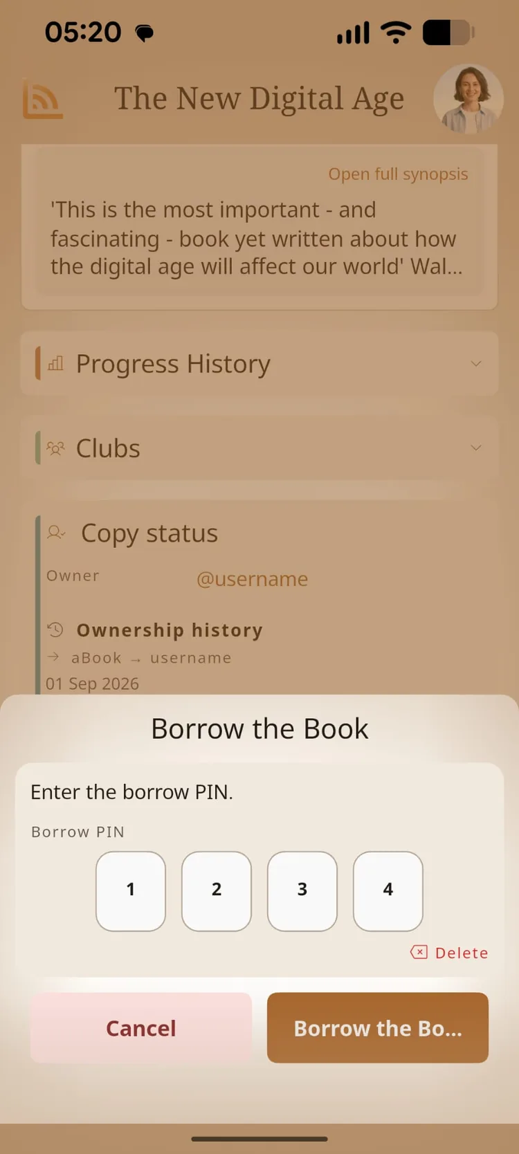 The book’s screen in αBook, showing copy status, ownership history and borrowing.