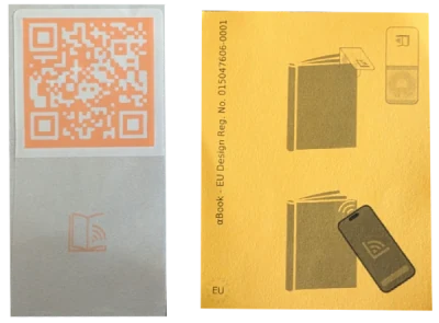 An αBook label seen from both sides — the QR code that identifies the copy, and the printed reverse.