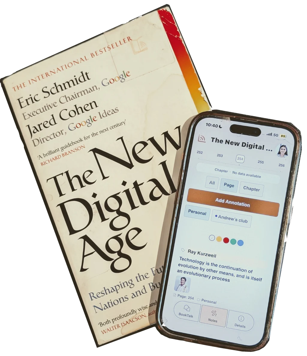 A worn paperback copy of The New Digital Age lying on a dark table, with a phone beside it showing the same book open at page 254 in αBook.
