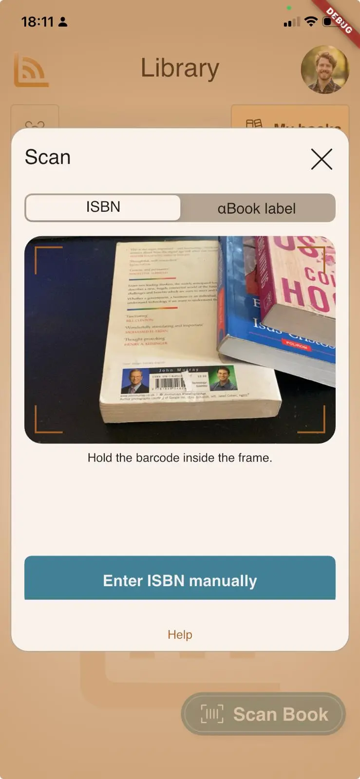 The αBook scan screen, with the book’s barcode held inside the frame.