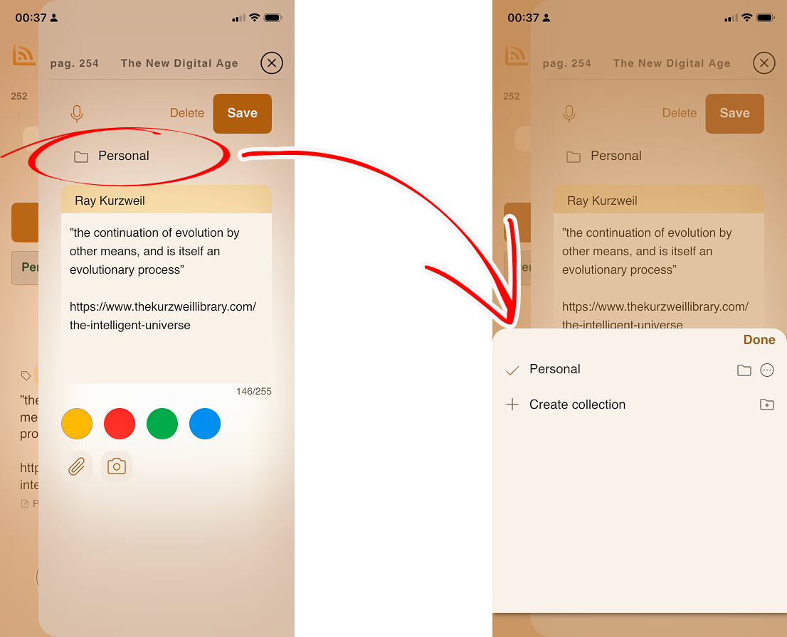 While editing an annotation, tap Personal beside the folder icon, then choose Create collection to organize your notes.