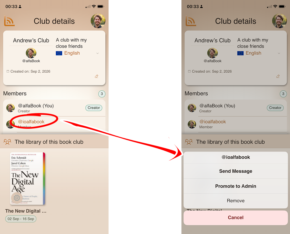 As a club admin or creator, open Club details and tap a member’s name to see the available member options.